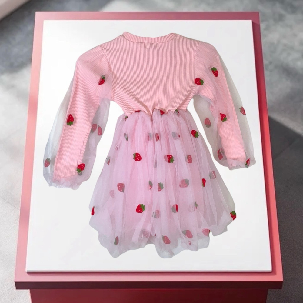 Lola & The Boys Boutique Pink Netted Strawberries Dress Spring Easter Girls Sz 8 - Picture 3 of 8